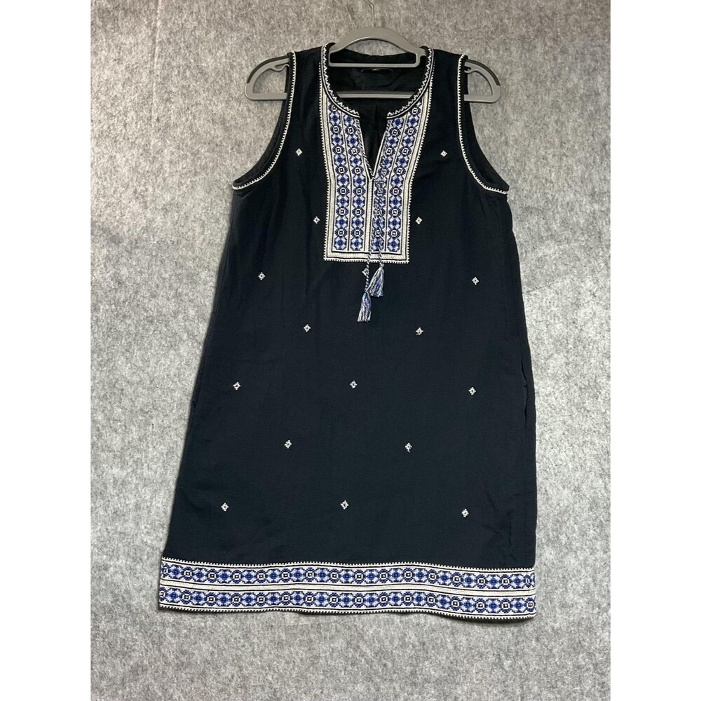 Madewell Dress Women 8 Blue Pockets Shift Knee Length Geometric Embroidered Boho